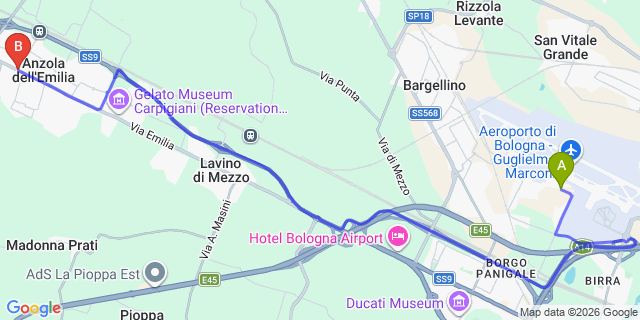 Map: Bologna Airport (BLQ) to Anzola dellEmilia