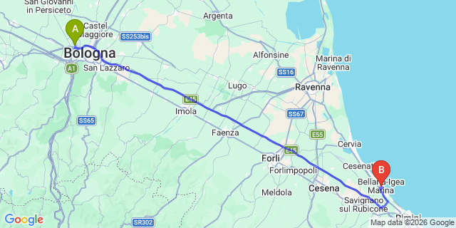 Map: Bologna Airport (BLQ) to Bellaria