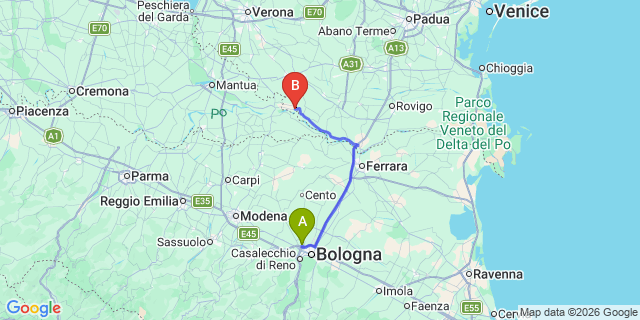 Map: Bologna Airport (BLQ) to Bergantino