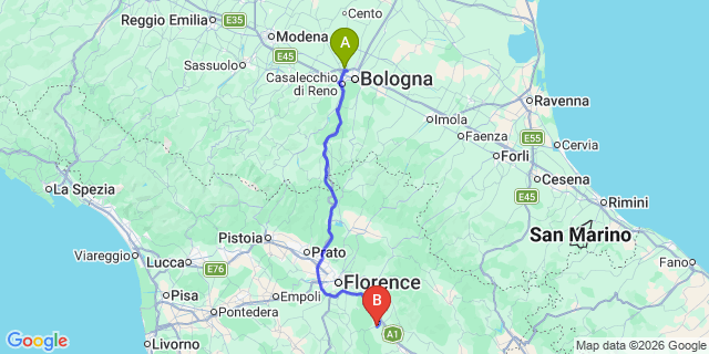 Map: Bologna Airport (BLQ) to Camping Norcenni Girasole Club