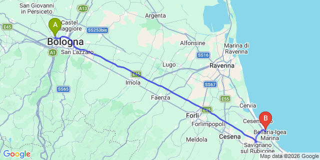 Map: Bologna Airport (BLQ) to Camping Villaggio Rubicone