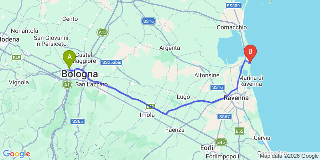 Map: Bologna Airport (BLQ) to Casalborsetti