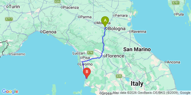 Map: Bologna Airport (BLQ) to Castagneto Carducci