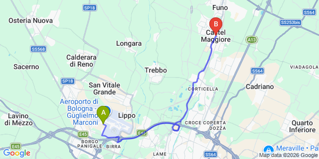 Map: Bologna Airport (BLQ) to Castel Maggiore