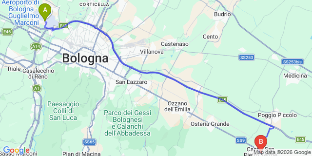 Map: Bologna Airport (BLQ) to Castel San Pietro Terme