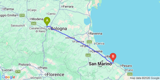 Map: Bologna Airport (BLQ) to Cattolica