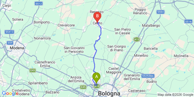 Map: Bologna Airport (BLQ) to Cento