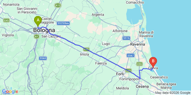 Map: Bologna Airport (BLQ) to Cervia
