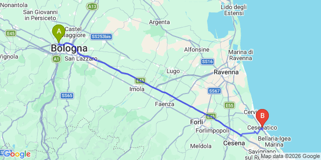 Map: Bologna Airport (BLQ) to Cesenatico