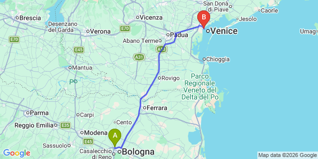 Map: Bologna Airport (BLQ) to Chioggia