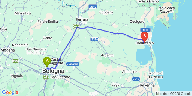 Map: Bologna Airport (BLQ) to Comacchio