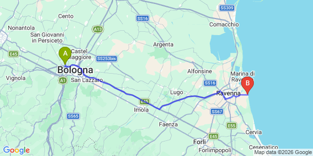 Map: Bologna Airport (BLQ) to Lido Adriano