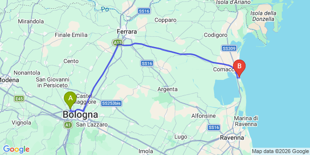 Map: Bologna Airport (BLQ) to Lido degli Estensi