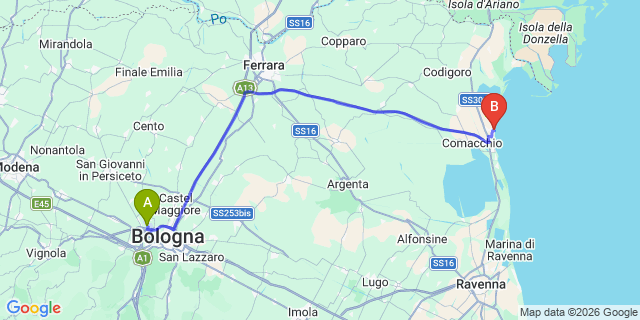 Map: Bologna Airport (BLQ) to Lido di Pomposa