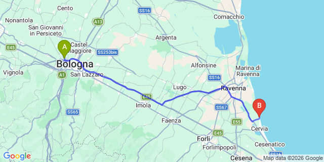Map: Bologna Airport (BLQ) to Lido di Savio
