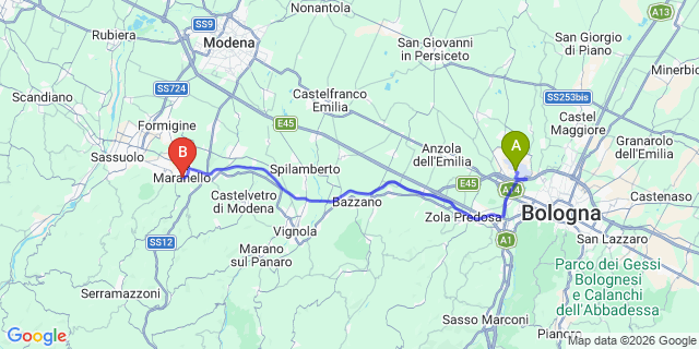 Map: Bologna Airport (BLQ) to Maranello