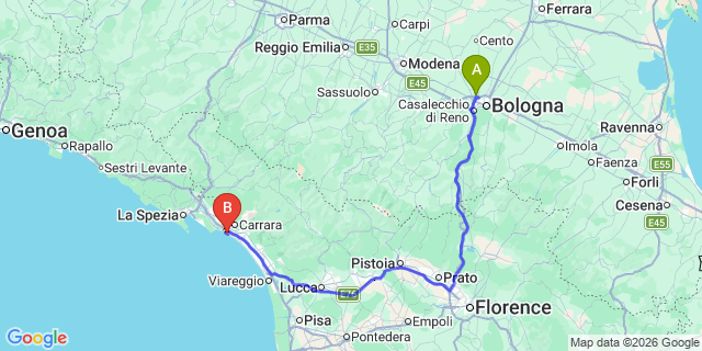 Map: Bologna Airport (BLQ) to Marina di Carrara