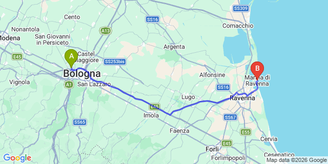 Map: Bologna Airport (BLQ) to Marina di Ravenna