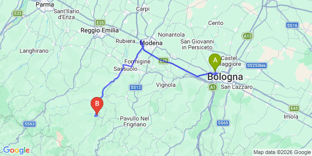 Map: Bologna Airport (BLQ) to Montefiorino
