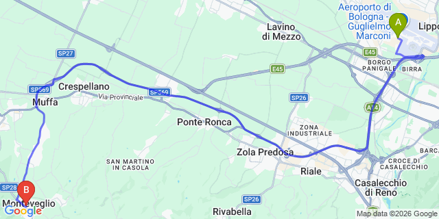 Map: Bologna Airport (BLQ) to Monteveglio