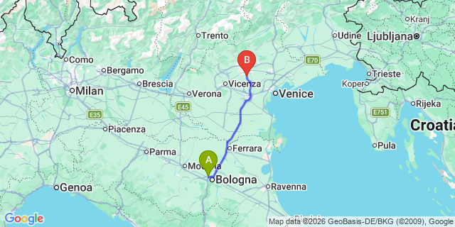 Map: Bologna Airport (BLQ) to Padova