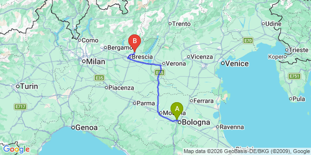 Map: Bologna Airport (BLQ) to Parma
