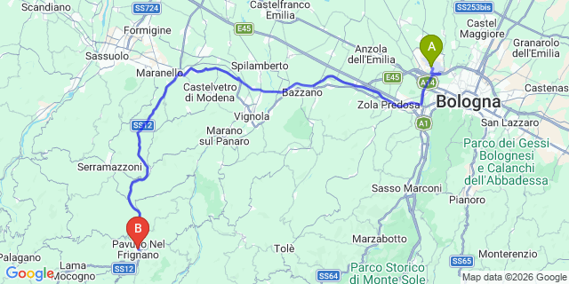 Map: Bologna Airport (BLQ) to Pavullo nel Frignano