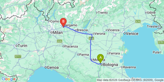 Map: Bologna Airport (BLQ) to Piacenza