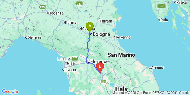 Map: Bologna Airport (BLQ) to Pieve a Presciano