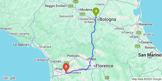 Map: Bologna Airport (BLQ) to Pontedera