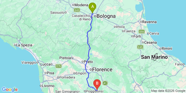 Map: Bologna Airport (BLQ) to Radda in Chianti