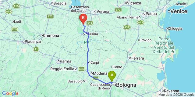 Map: Bologna Airport (BLQ) to Roverbella