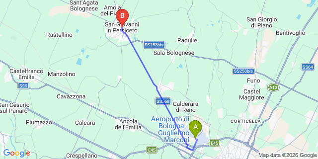 Map: Bologna Airport (BLQ) to San Giovanni In Persiceto