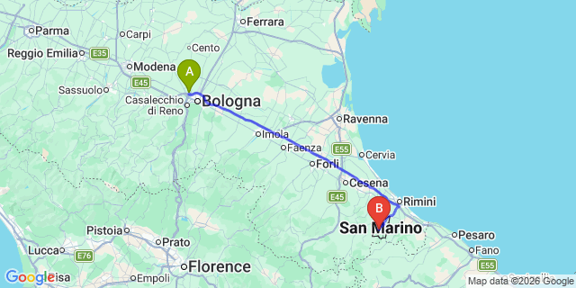 Map: Bologna Airport (BLQ) to San Marino