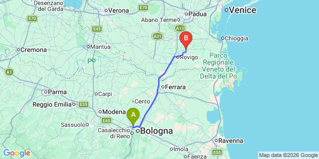 Map: Bologna Airport (BLQ) to San Martino di Venezze