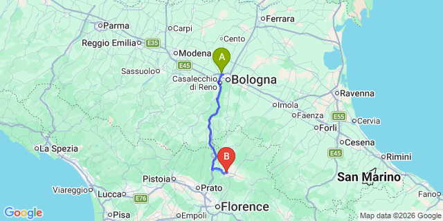Map: Bologna Airport (BLQ) to San Piero A Sieve