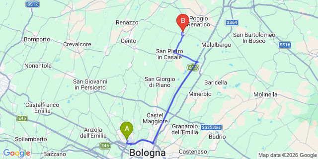 Map: Bologna Airport (BLQ) to San Vincenzo (Bologna region)