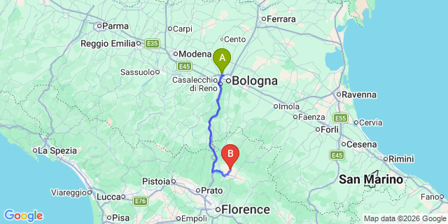 Map: Bologna Airport (BLQ) to Scarperia