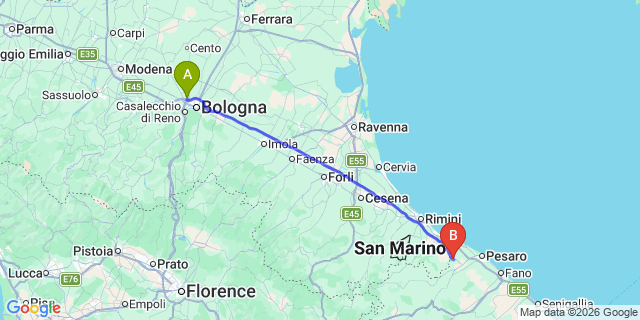 Map: Bologna Airport (BLQ) to Tavullia
