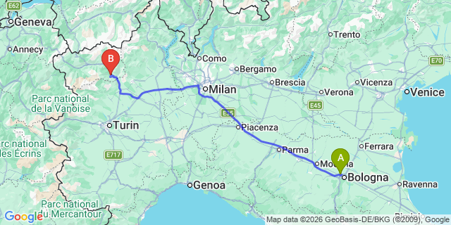Map: Bologna Airport (BLQ) to Turin