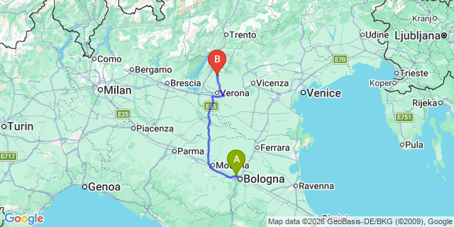 Map: Bologna Airport (BLQ) to Verona