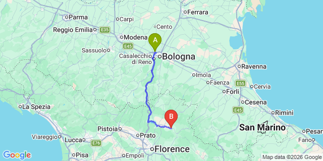 Map: Bologna Airport (BLQ) to Vicchio