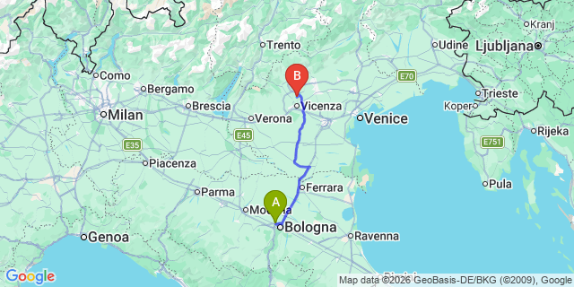 Map: Bologna Airport (BLQ) to Vicenza