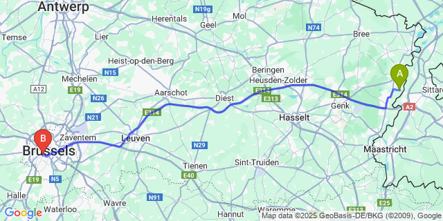 Map: Brussels Midi Train Station to Meeswijk