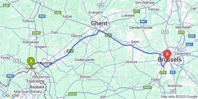 Map: Brussels Midi Train Station to Menen