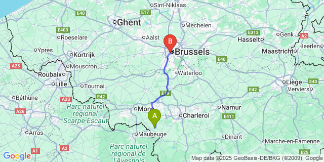Map: Brussels Midi Train Station to Merbes-le-Château