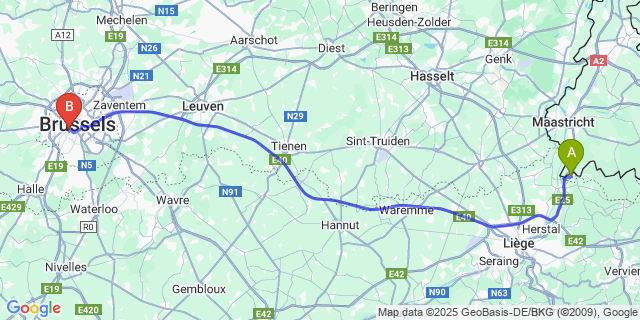 Map: Brussels Midi Train Station to Moelingen