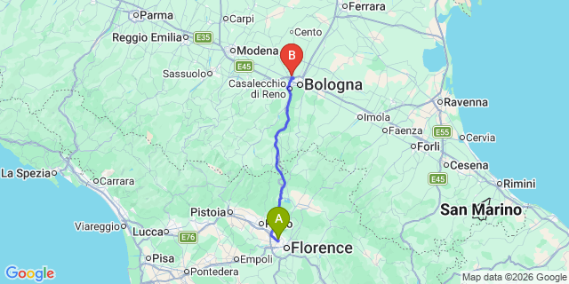Map: Florence Airport (FLR) to Bologna airport