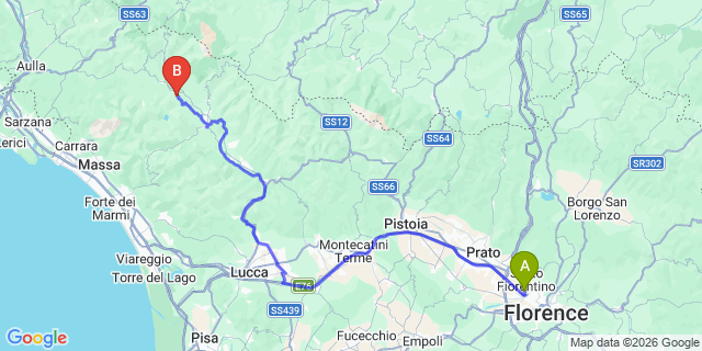 Map: Florence Airport (FLR) to Camporgiano