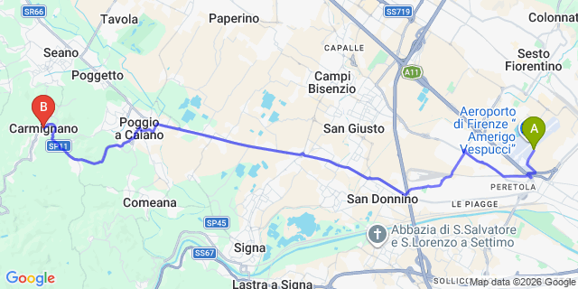 Map: Florence Airport (FLR) to Carmignano
